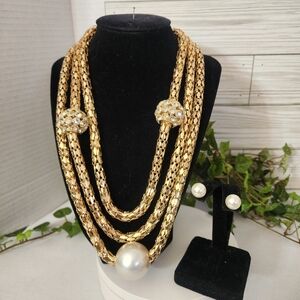 Statement 3 Strand Gold Mesh Necklace with Pearl and CZ Stones Set